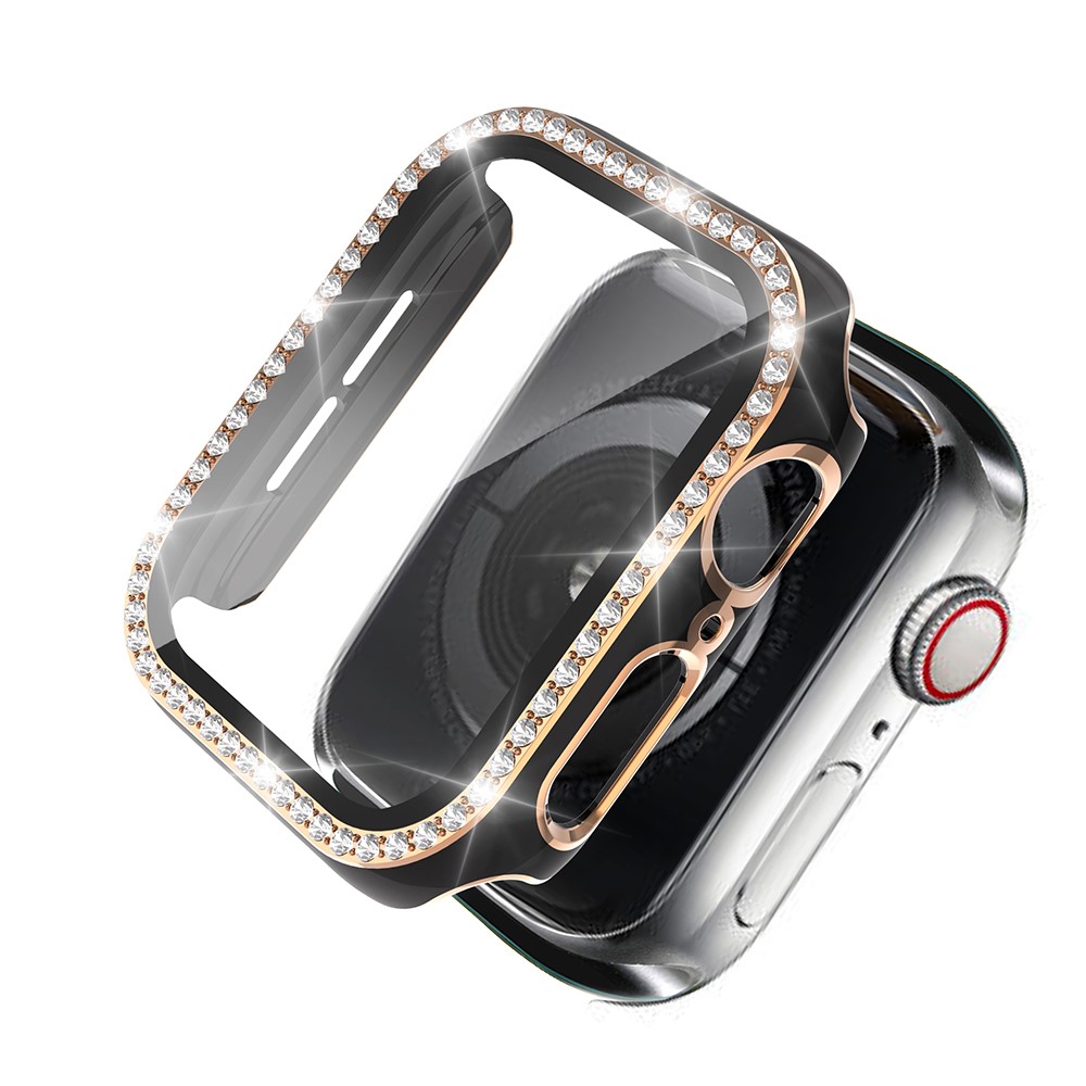 Electroplating Crystal PC Case Frame Cover with Tempered Glass Screen Protector for Apple Watch 4/5/6/SE 40mm - Black / Gold-1