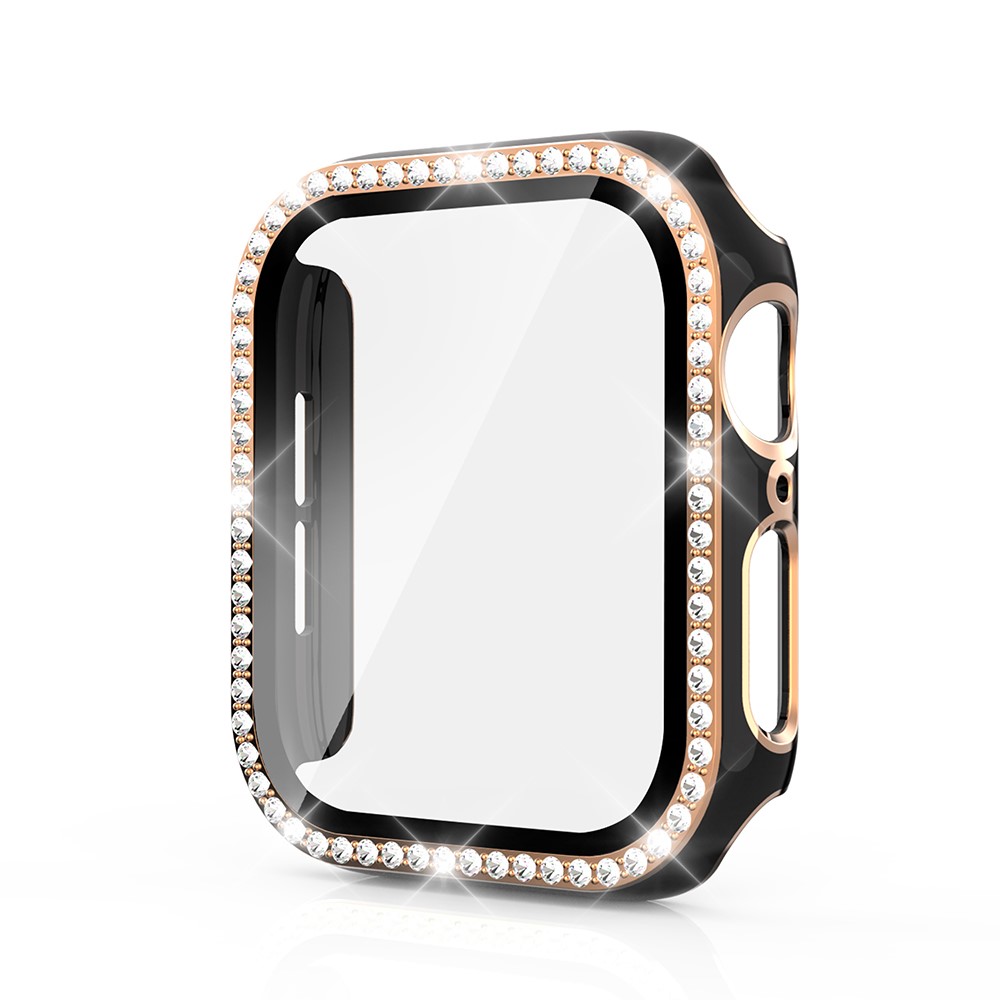 Electroplating Crystal PC Case Frame Cover with Tempered Glass Screen Protector for Apple Watch 4/5/6/SE 40mm - Black / Gold-2