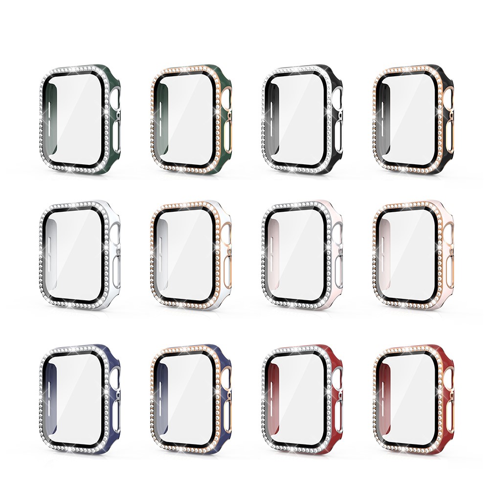 Electroplating Crystal PC Case Frame Cover with Tempered Glass Screen Protector for Apple Watch 4/5/6/SE 40mm - Black / Gold-4