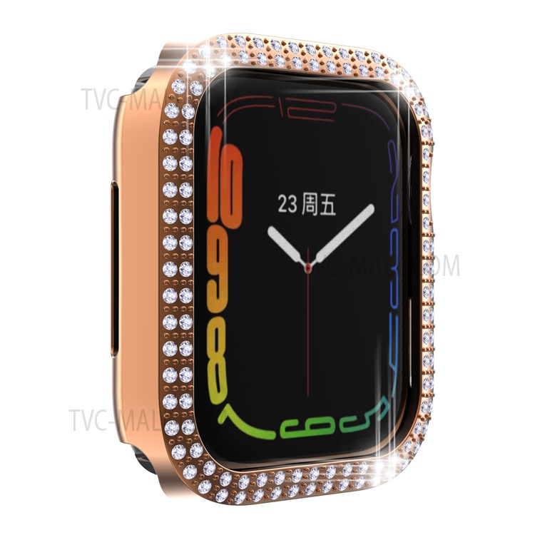 Electroplating Hard PC Rhinestone Decor Smart Watch Case Cover for Apple Watch Series 7 45mm - Rose Gold-7