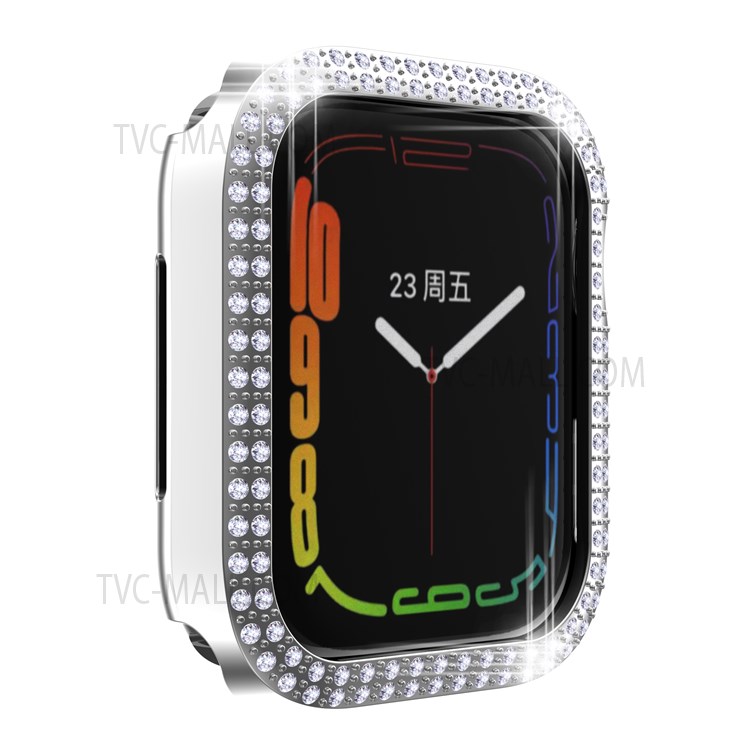 Electroplating Hard PC Rhinestone Decor Smart Watch Case Cover for Apple Watch Series 7 45mm - Silver-7