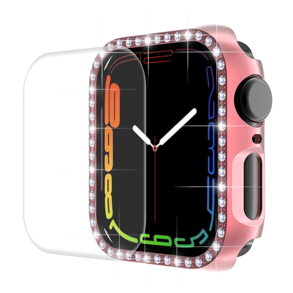 ENKAY Electroplating Rhinestone Anti-fall PC Hard Watch Case Cover with Transparent Curved PET Full Screen Protector for Apple Watch Series 7 45mm - Pink-1