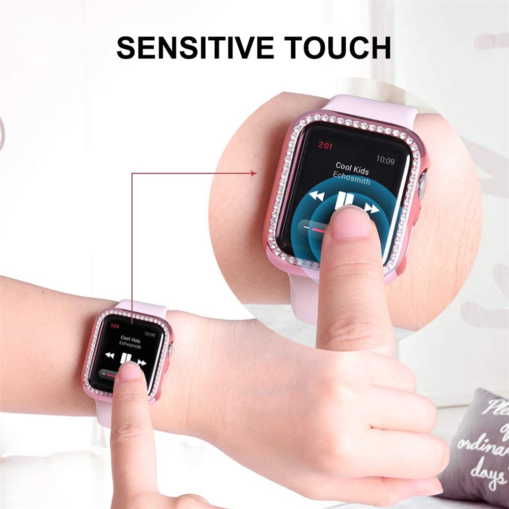 ENKAY Electroplating Rhinestone Anti-fall PC Hard Watch Case Cover with Transparent Curved PET Full Screen Protector for Apple Watch Series 7 45mm - Pink-6