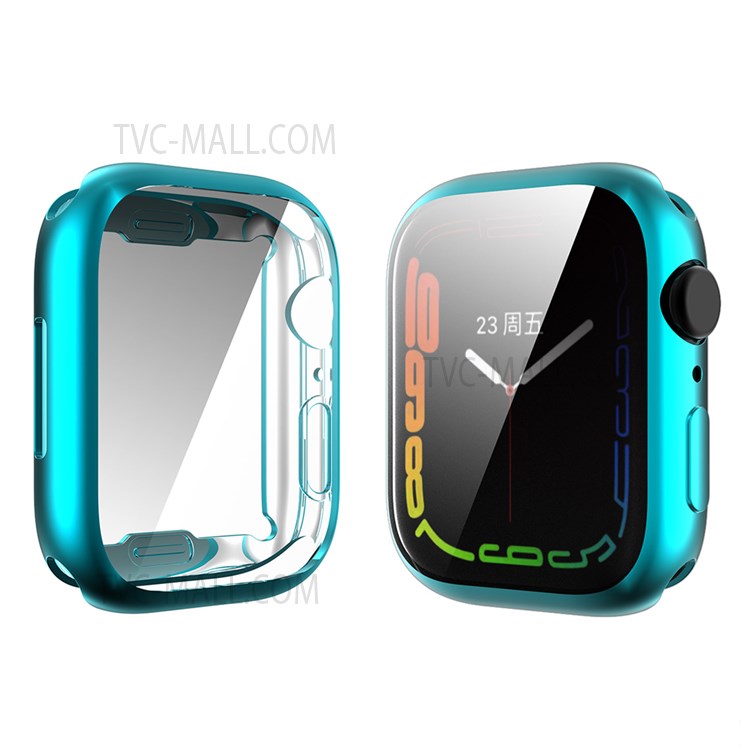 ENKAY Anti-scratch Soft TPU Protective Watch Case Cover with 9H Tempered Glass Screen Protector for Apple Watch Series 7 45mm - Cyan-1