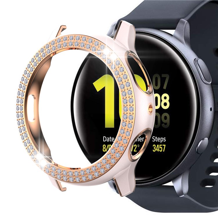 For Samsung Galaxy Watch Active2 44mm Two Row Rhinestones Decor Smartwatch Case PC Electroplating Half Protective Cover - Pink/Rose Gold-4