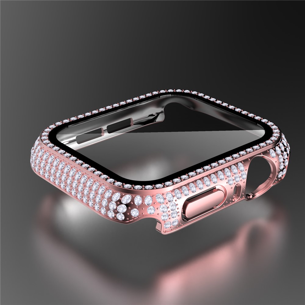 For Apple Watch Series 1/2/3 38mm Rhinestone Decorated PC Smart Watch Protective Cover with Tempered Glass Screen Protector - Pink-9