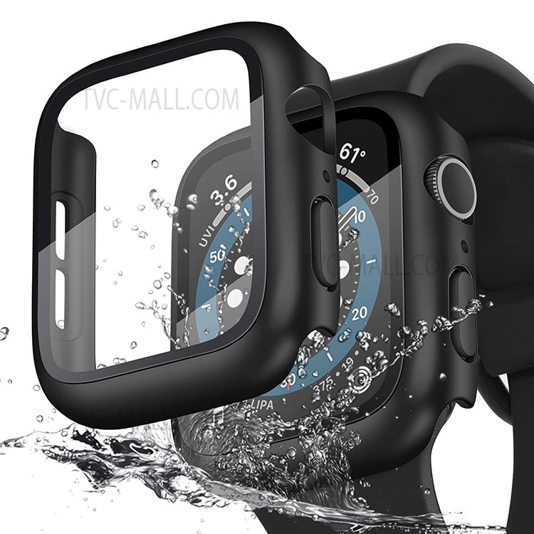 Waterproof Hard PC Watch Case Cover with 9H Tempered Glass Screen Protector for Apple Watch Series SE/6/5/4 44mm - Black-1