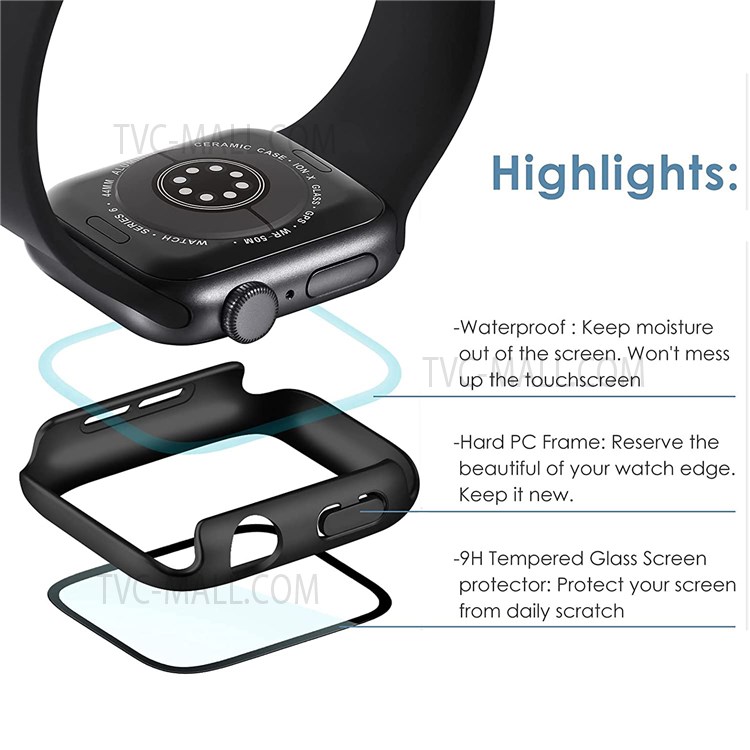 Tempered Glass Screen Protector Waterproof Hard PC Watch Case Cover for Apple Watch Series SE/6/5/4 40mm - Black-2
