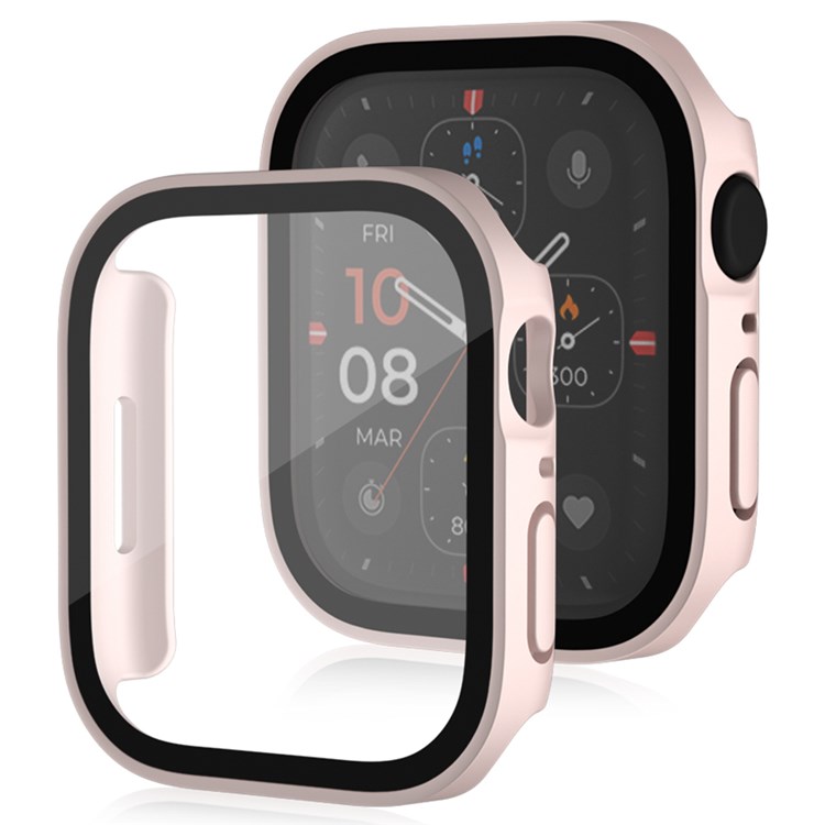 For Apple Watch Series 7 41mm Integrated Matte PC Waterproof Watch Case with Tempered Glass Screen Protector - Pink-1