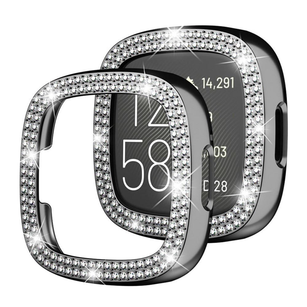 For Fitbit Versa 4 / Sense 2 Two Row Rhinestones Decor Hard PC Smart Watch Case Anti-scratch Protective Frame - Black-2