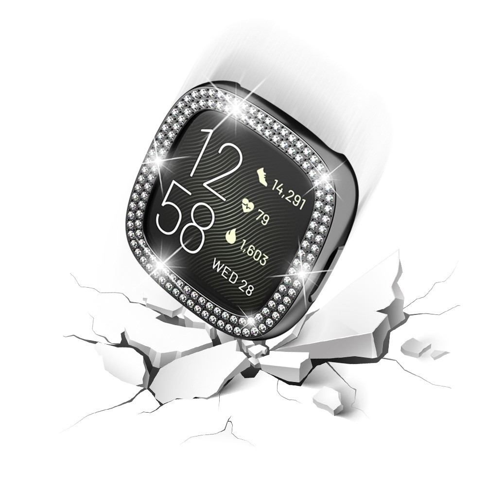 For Fitbit Versa 4 / Sense 2 Two Row Rhinestones Decor Hard PC Smart Watch Case Anti-scratch Protective Frame - Black-4