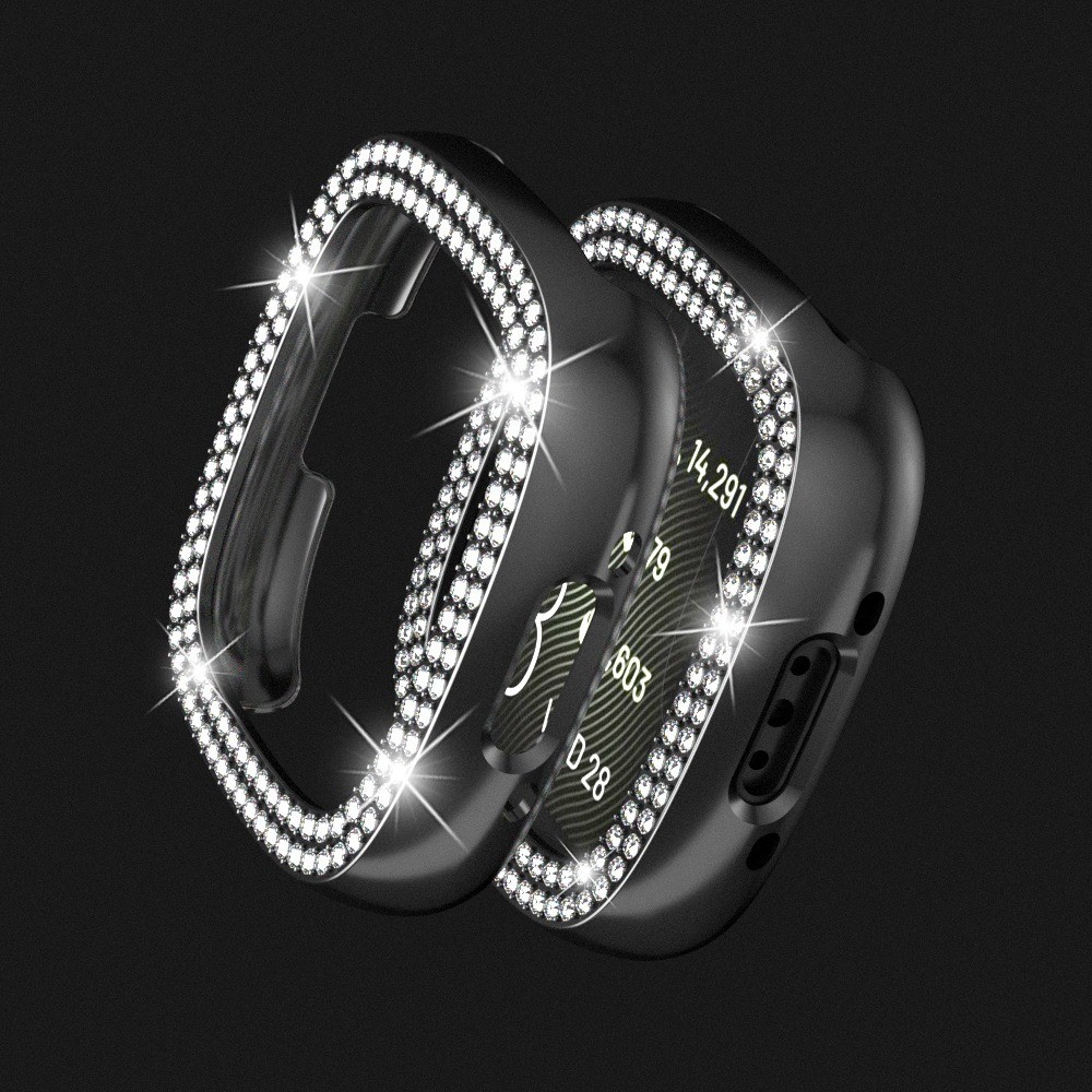 For Fitbit Versa 4 / Sense 2 Two Row Rhinestones Decor Hard PC Smart Watch Case Anti-scratch Protective Frame - Black-5