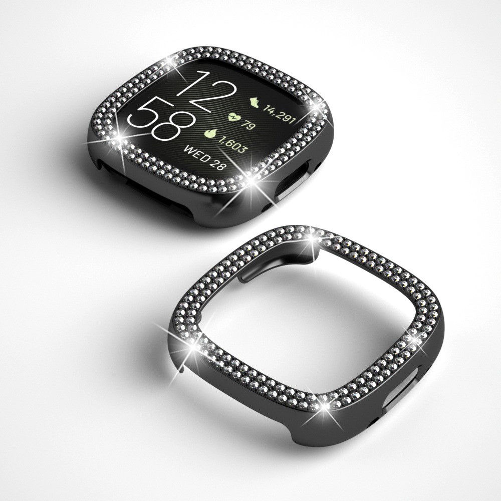 For Fitbit Versa 4 / Sense 2 Two Row Rhinestones Decor Hard PC Smart Watch Case Anti-scratch Protective Frame - Black-6