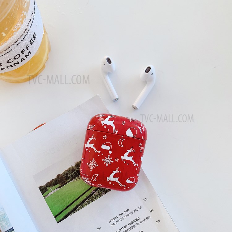 Custodia Protettiva Del PC Della Decalcomania Dell'acqua Per AirPods Apple Con Cassa Di Ricarica Wireless (2019) / AirPods Con Custodia Di Ricarica (2019) / (2016) - Rosso / Elk, Fiocco Di Neve, Cappello Di Natale-1