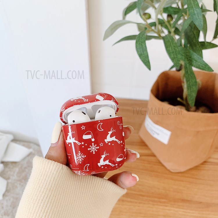 Custodia Protettiva Del PC Della Decalcomania Dell'acqua Per AirPods Apple Con Cassa Di Ricarica Wireless (2019) / AirPods Con Custodia Di Ricarica (2019) / (2016) - Rosso / Elk, Fiocco Di Neve, Cappello Di Natale-2