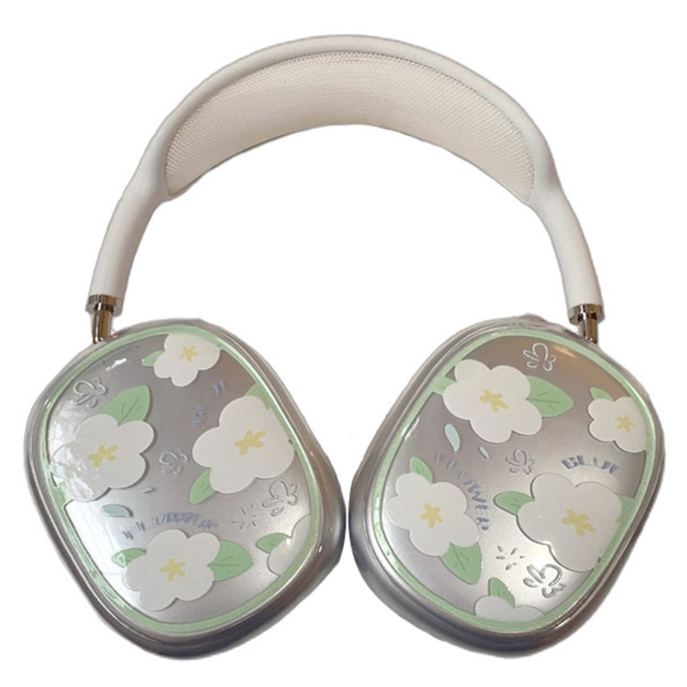 1Pair Protective Case for AirPods Max with USB-C / Max Headphone Drop-Resistance TPU Sleeve - Green Leaf and Flower