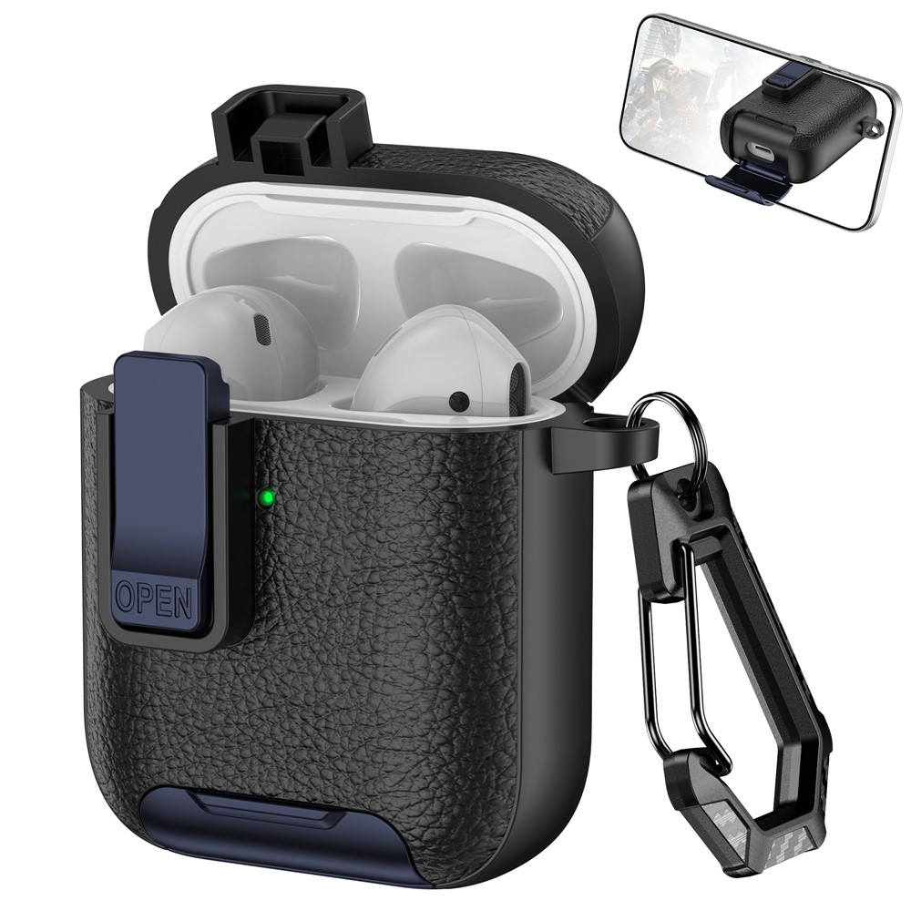 Litchi Texture Earphone Cover For Apple AirPods with Wireless Charging Case (2019) / AirPods with Charging Case (2019) / (2016) - Black / Dark Blue