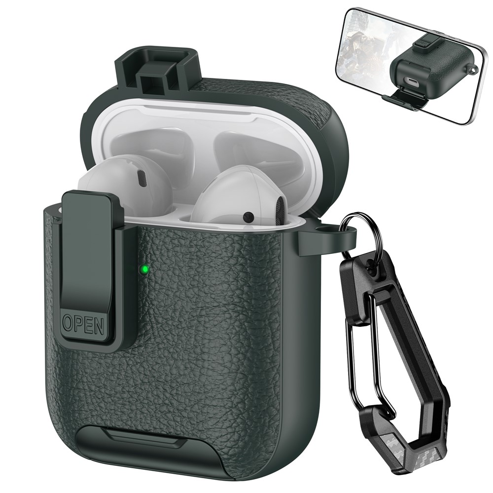 Litchi Texture Earphone Cover For Apple AirPods with Wireless Charging Case (2019) / AirPods with Charging Case (2019) / (2016) - Army Green