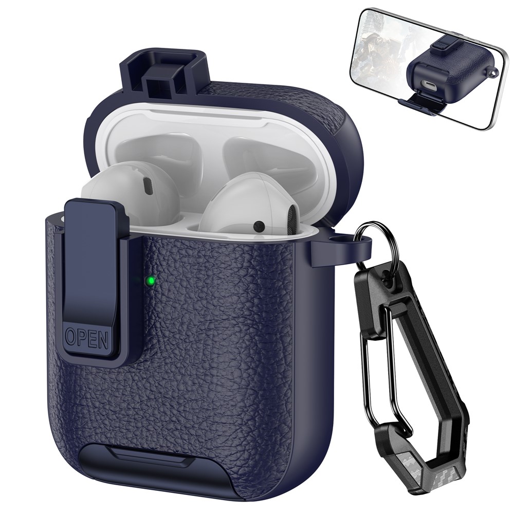 Litchi Texture Earphone Cover For Apple AirPods with Wireless Charging Case (2019) / AirPods with Charging Case (2019) / (2016) - Dark Blue