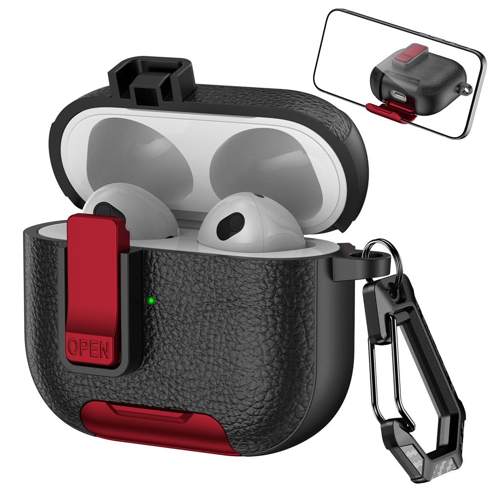 For Apple AirPods 3 Protective Case with Stand Litchi Texture Leather TPU + PC Earphone Cover with Lock Buckle and Carabiner - Black  /  Red