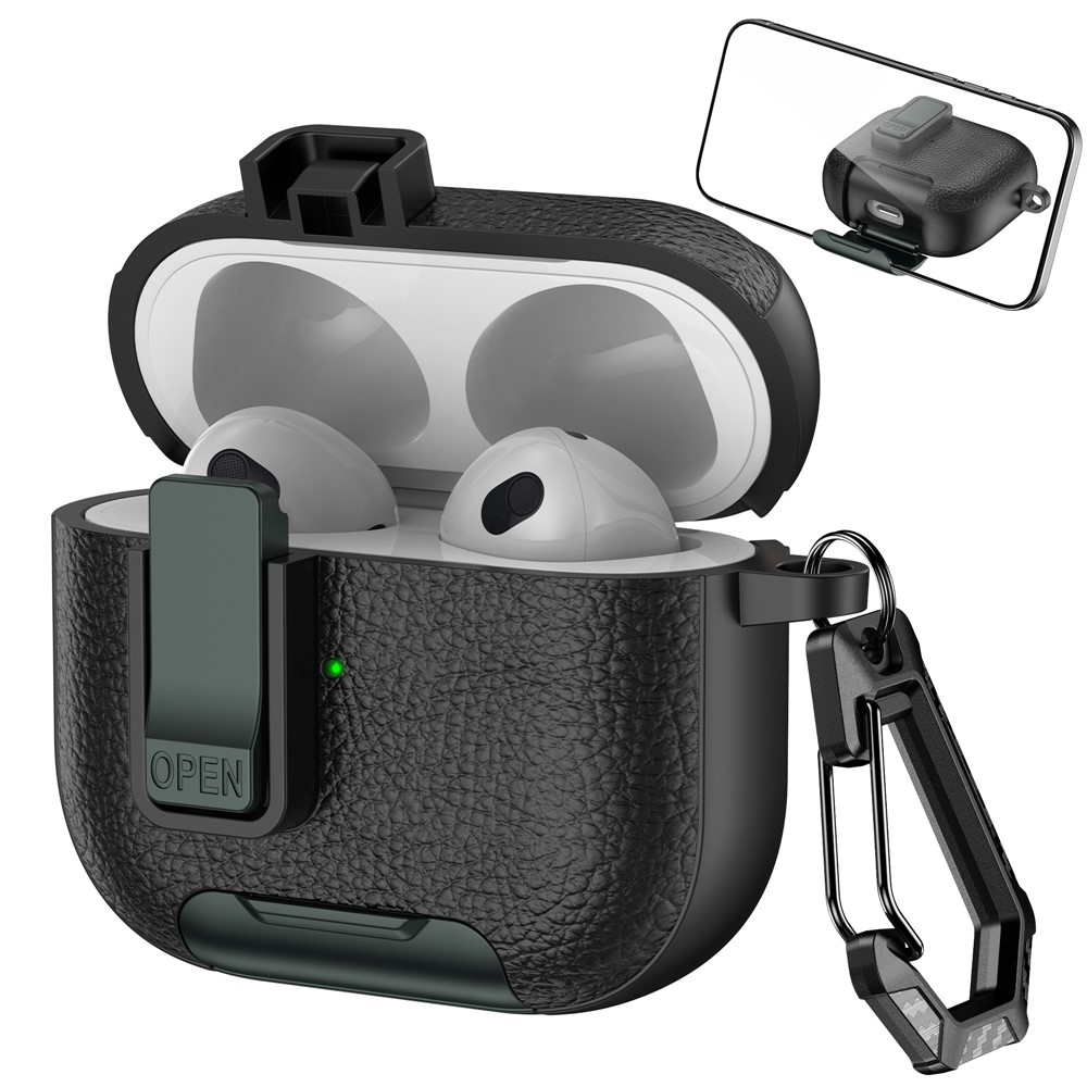 For Apple AirPods 3 Protective Case with Stand Litchi Texture Leather TPU + PC Earphone Cover with Lock Buckle and Carabiner - Black  /  Army Green