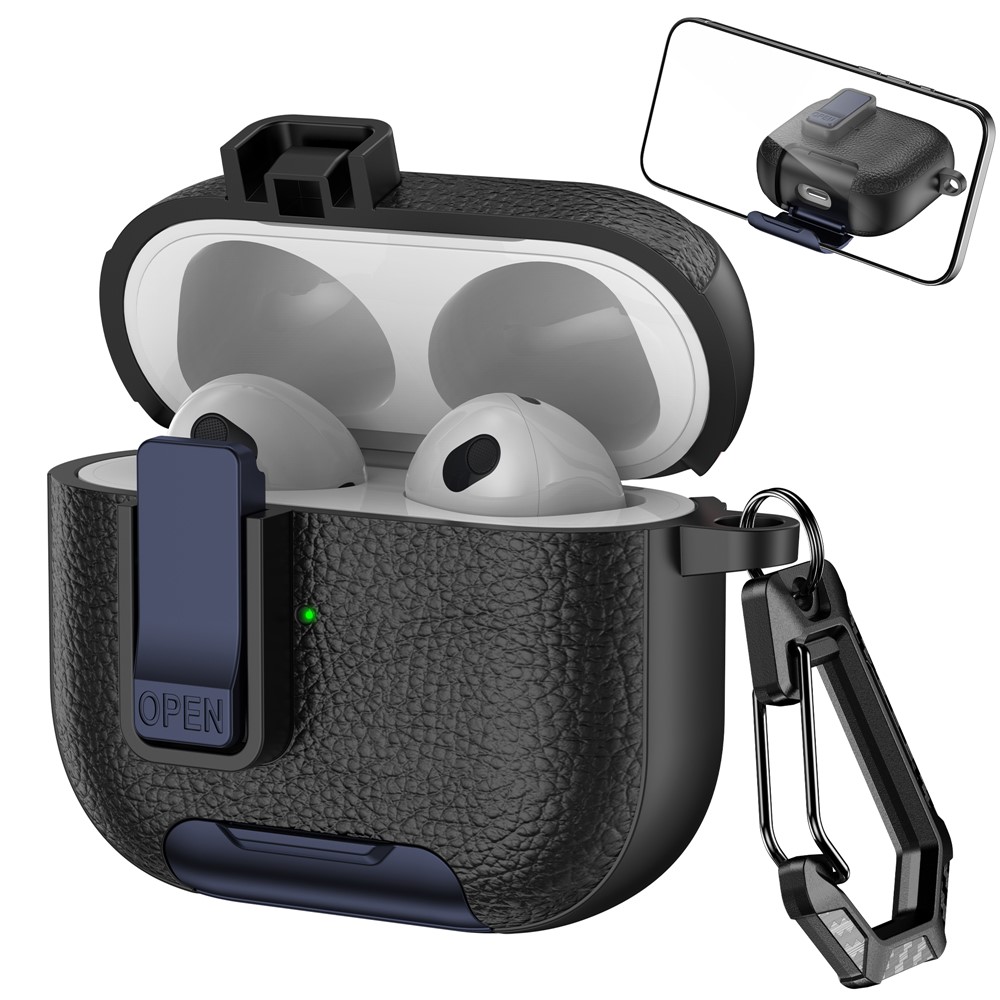For Apple AirPods 3 Protective Case with Stand Litchi Texture Leather TPU + PC Earphone Cover with Lock Buckle and Carabiner - Black  /  Dark Blue