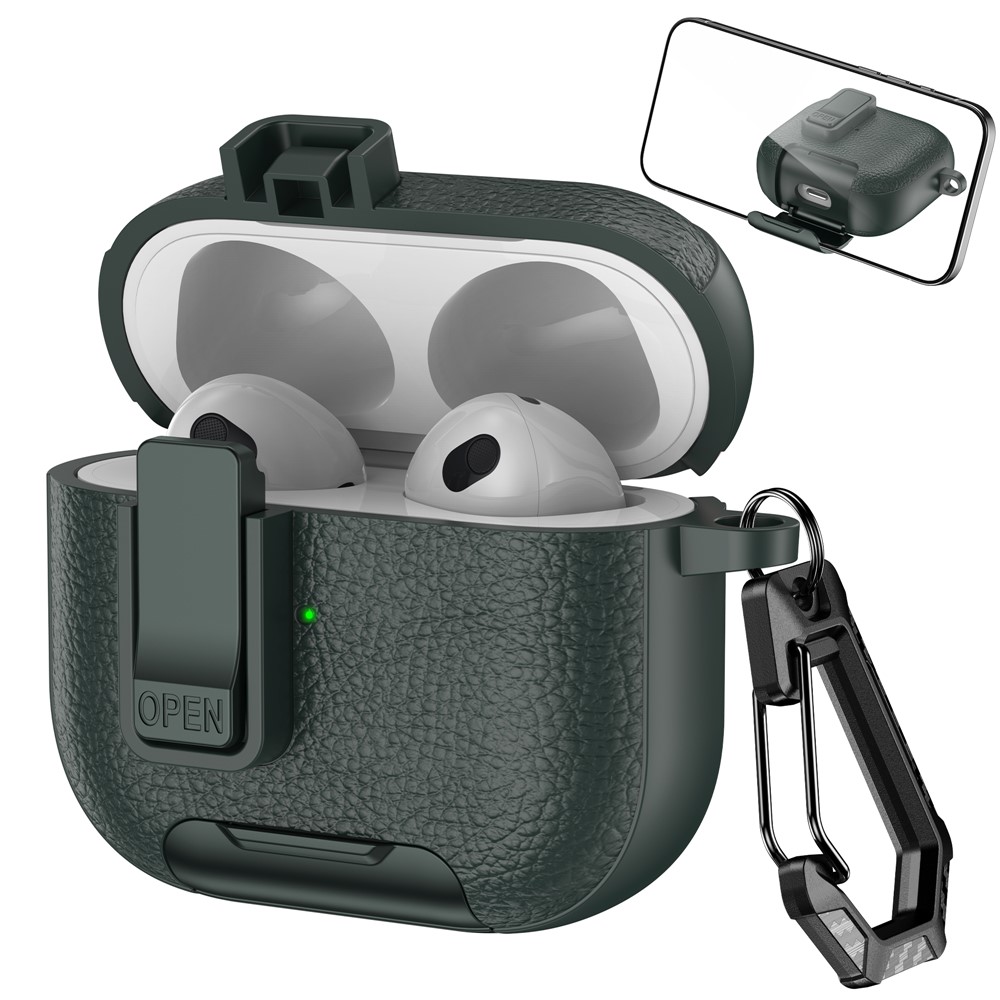 For Apple AirPods 3 Protective Case with Stand Litchi Texture Leather TPU + PC Earphone Cover with Lock Buckle and Carabiner - Army Green