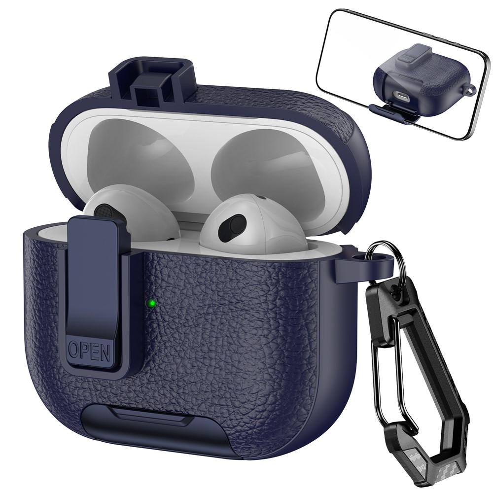 For Apple AirPods 3 Protective Case with Stand Litchi Texture Leather TPU + PC Earphone Cover with Lock Buckle and Carabiner - Dark Blue