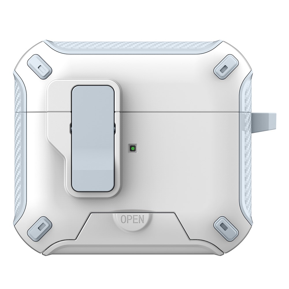 For Apple AirPods 3 Magnetic Case with Stand TPU + PC Earphone Cover with Switch and Carabiner - White  /  Baby Blue