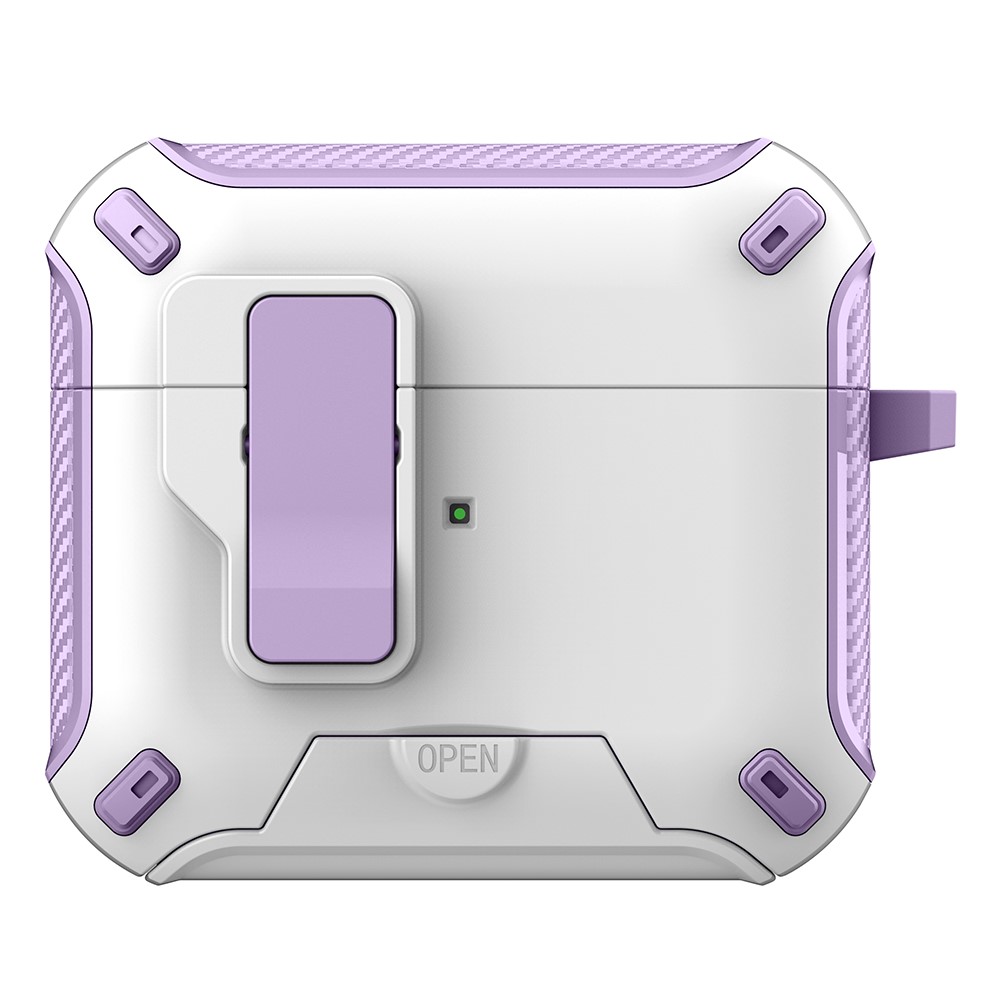 For Apple AirPods 3 Magnetic Case with Stand TPU + PC Earphone Cover with Switch and Carabiner - White / Purple