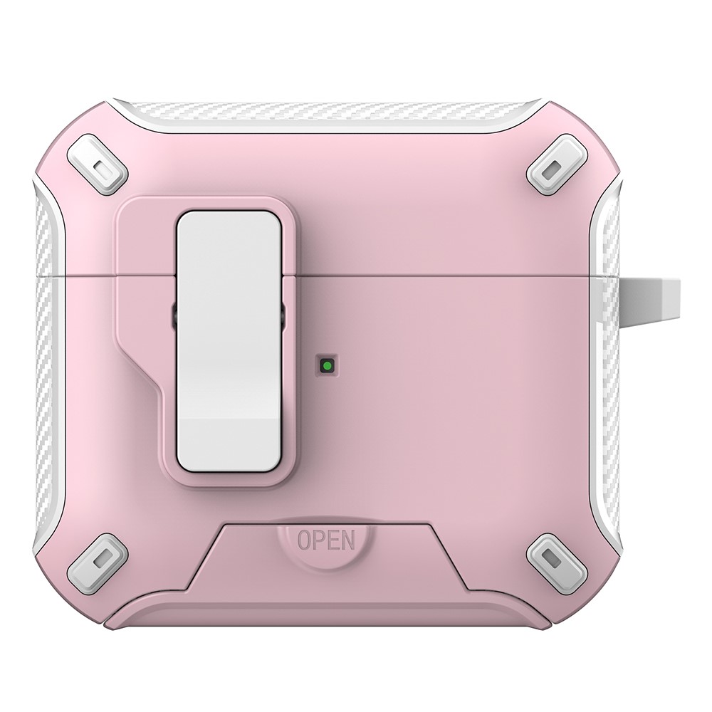 For Apple AirPods 3 Magnetic Case with Stand TPU + PC Earphone Cover with Switch and Carabiner - White / Pink