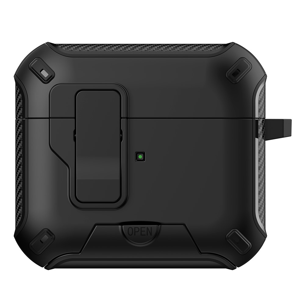 For Apple AirPods 3 Magnetic Case with Stand TPU + PC Earphone Cover with Switch and Carabiner - Black