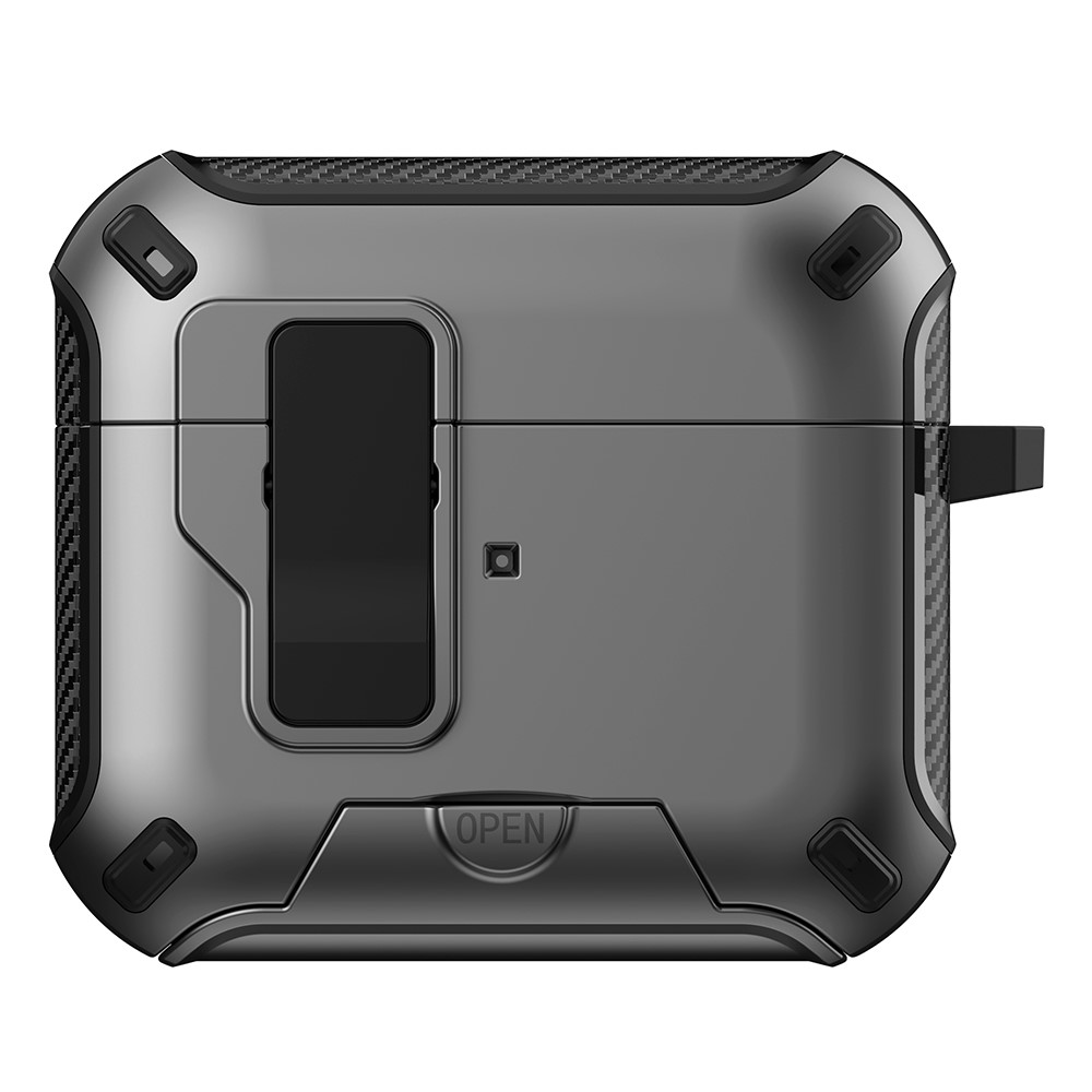 For Apple AirPods 3 Magnetic Case with Stand TPU + PC Earphone Cover with Switch and Carabiner - Grey