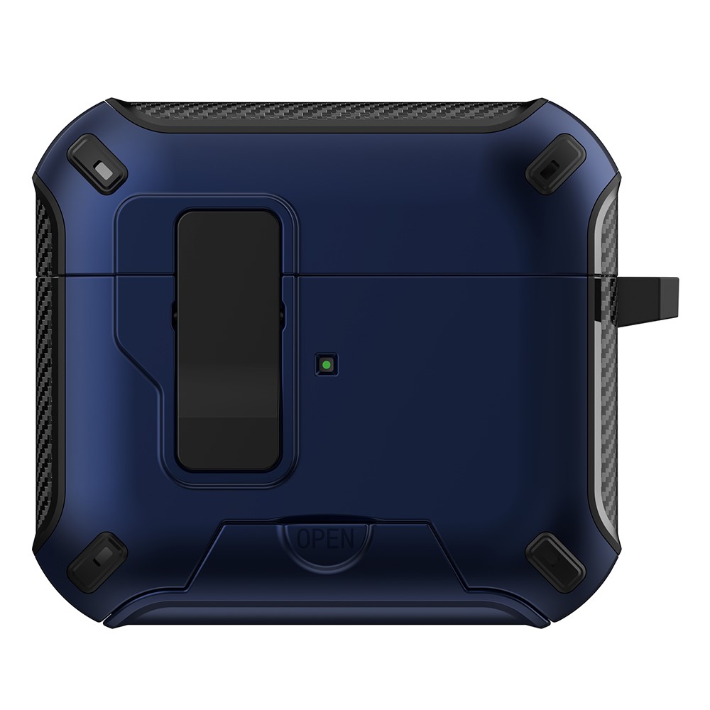 For Apple AirPods 3 Magnetic Case with Stand TPU + PC Earphone Cover with Switch and Carabiner - Dark Blue