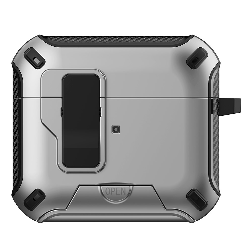 For Apple AirPods 3 Magnetic Case with Stand TPU + PC Earphone Cover with Switch and Carabiner - Silver
