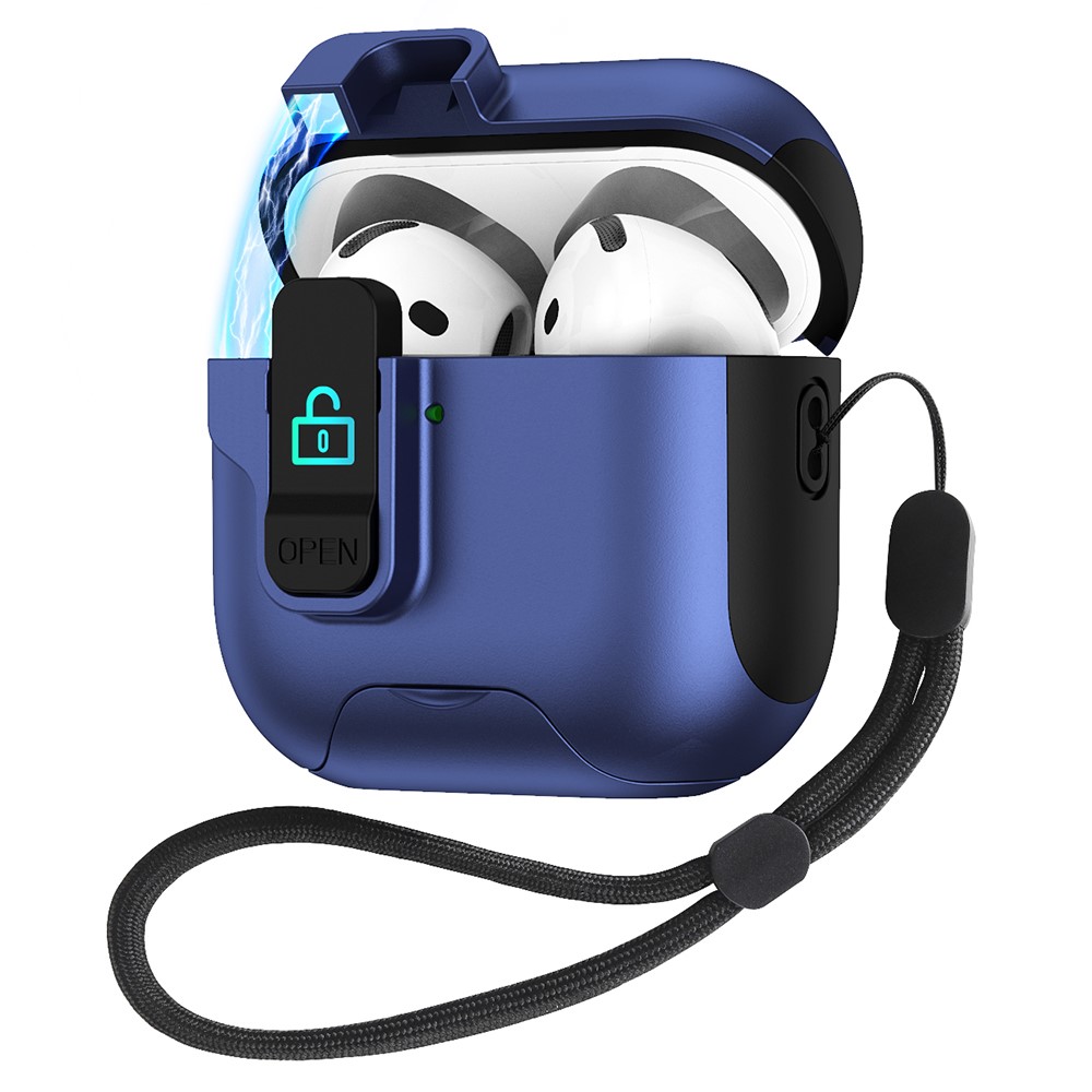 For Apple AirPods 3 Protective Case Splicing Color Earphone Cover with Auto Pop-Up Magnetic Lid  /  Lanyard - Dark Blue