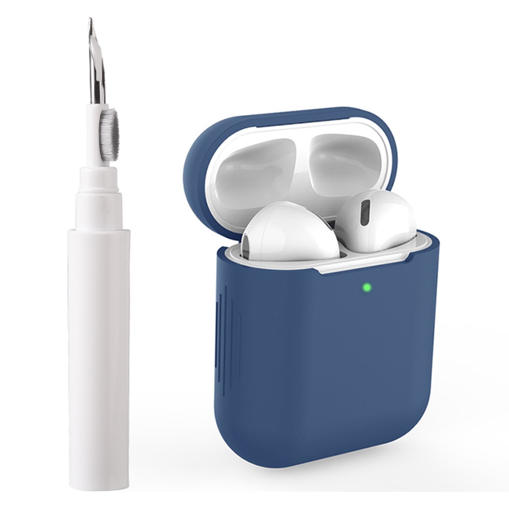 For Apple AirPods with Wireless Charging Case (2019) / AirPods with Charging Case (2019) / (2016) Silicone Case with Cleaning Pen - Midnight Blue