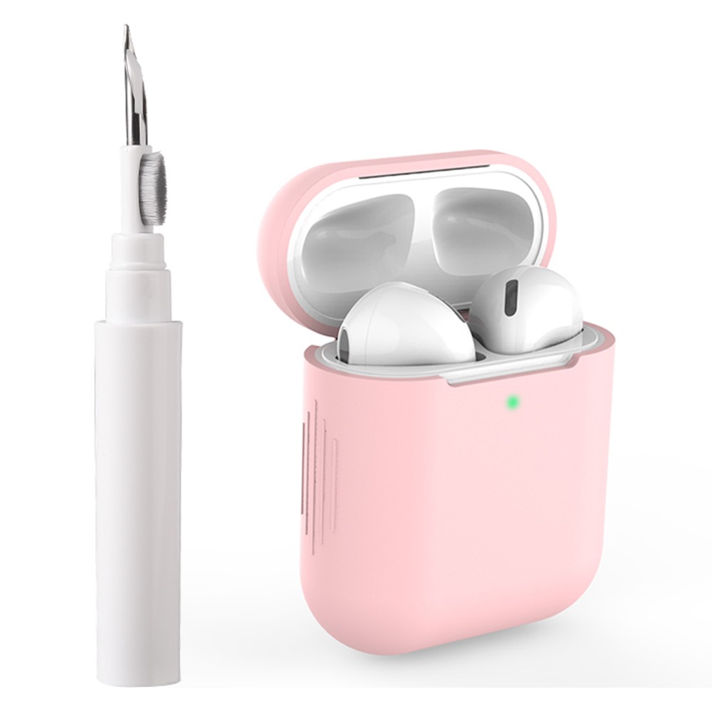For Apple AirPods with Wireless Charging Case (2019)  /  AirPods with Charging Case (2019)  /  (2016) Silicone Case with Cleaning Pen - Pink