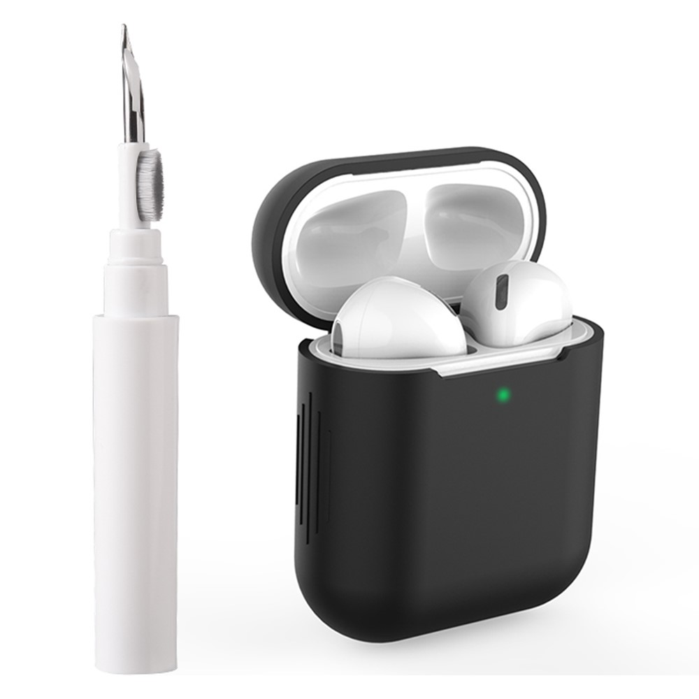 For Apple AirPods with Wireless Charging Case (2019) / AirPods with Charging Case (2019) / (2016) Silicone Case with Cleaning Pen - Black