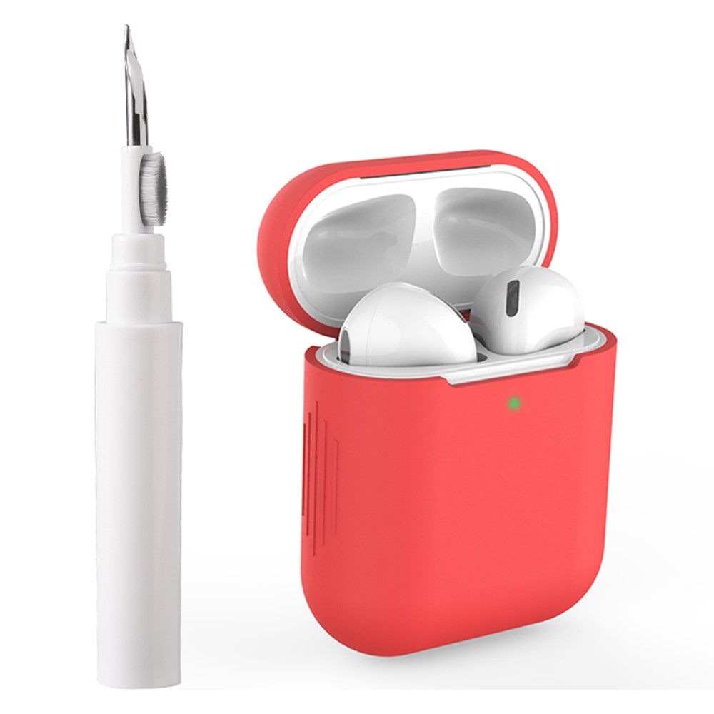 For Apple AirPods with Wireless Charging Case (2019) / AirPods with Charging Case (2019) / (2016) Silicone Case with Cleaning Pen - Red