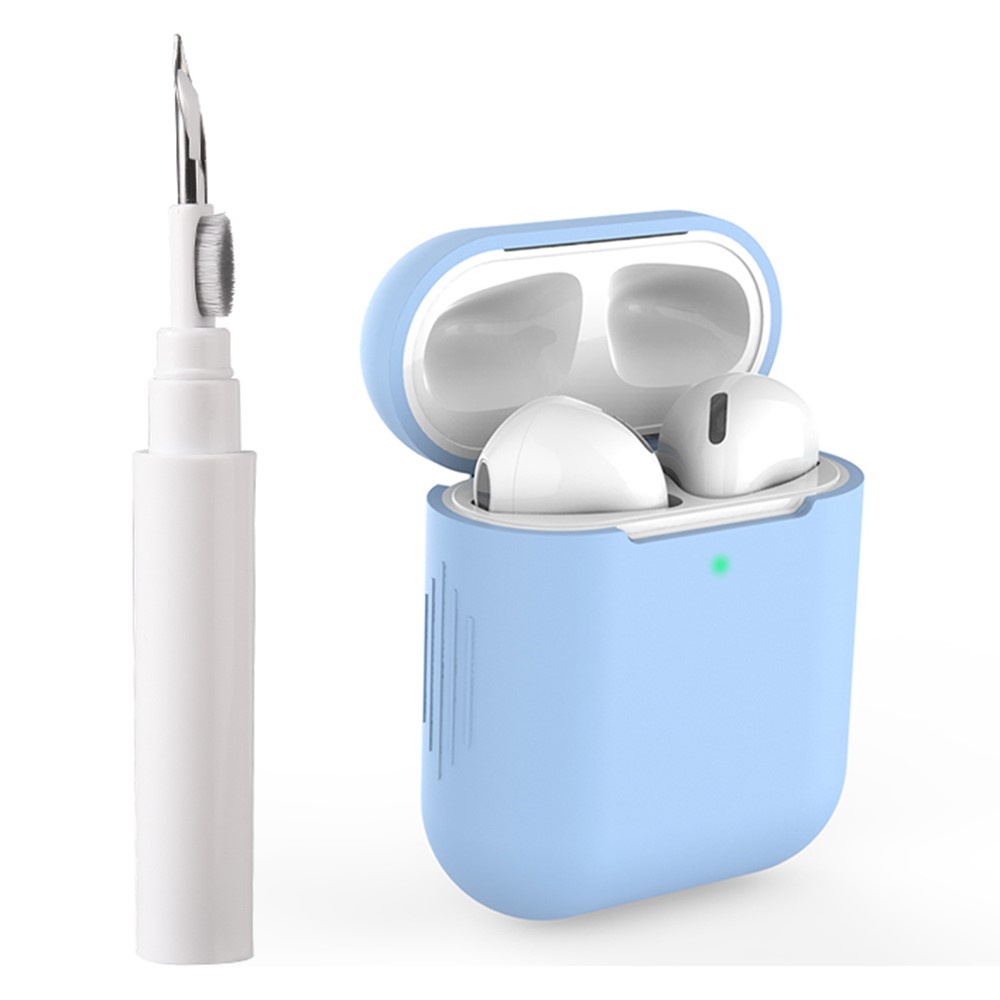 For Apple AirPods with Wireless Charging Case (2019) / AirPods with Charging Case (2019) / (2016) Silicone Case with Cleaning Pen - Sky Blue