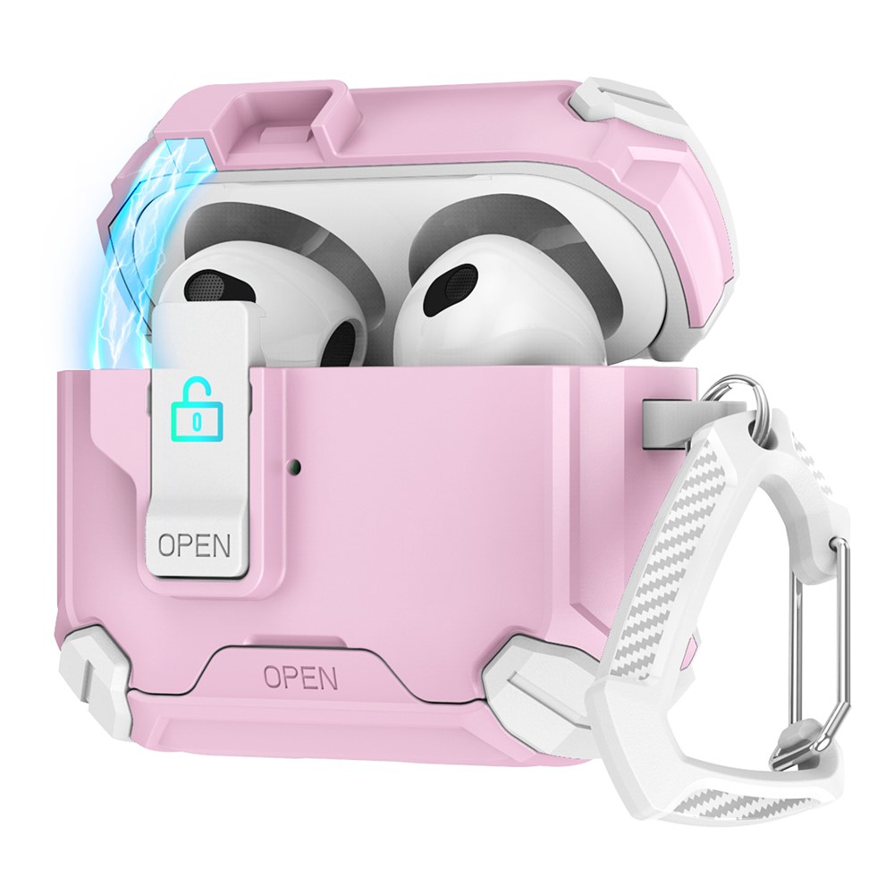 For Apple AirPods 3 Case TPU + PC Compatible with MagSafe Stand Earbuds Cover with Carabiner - White / Pink