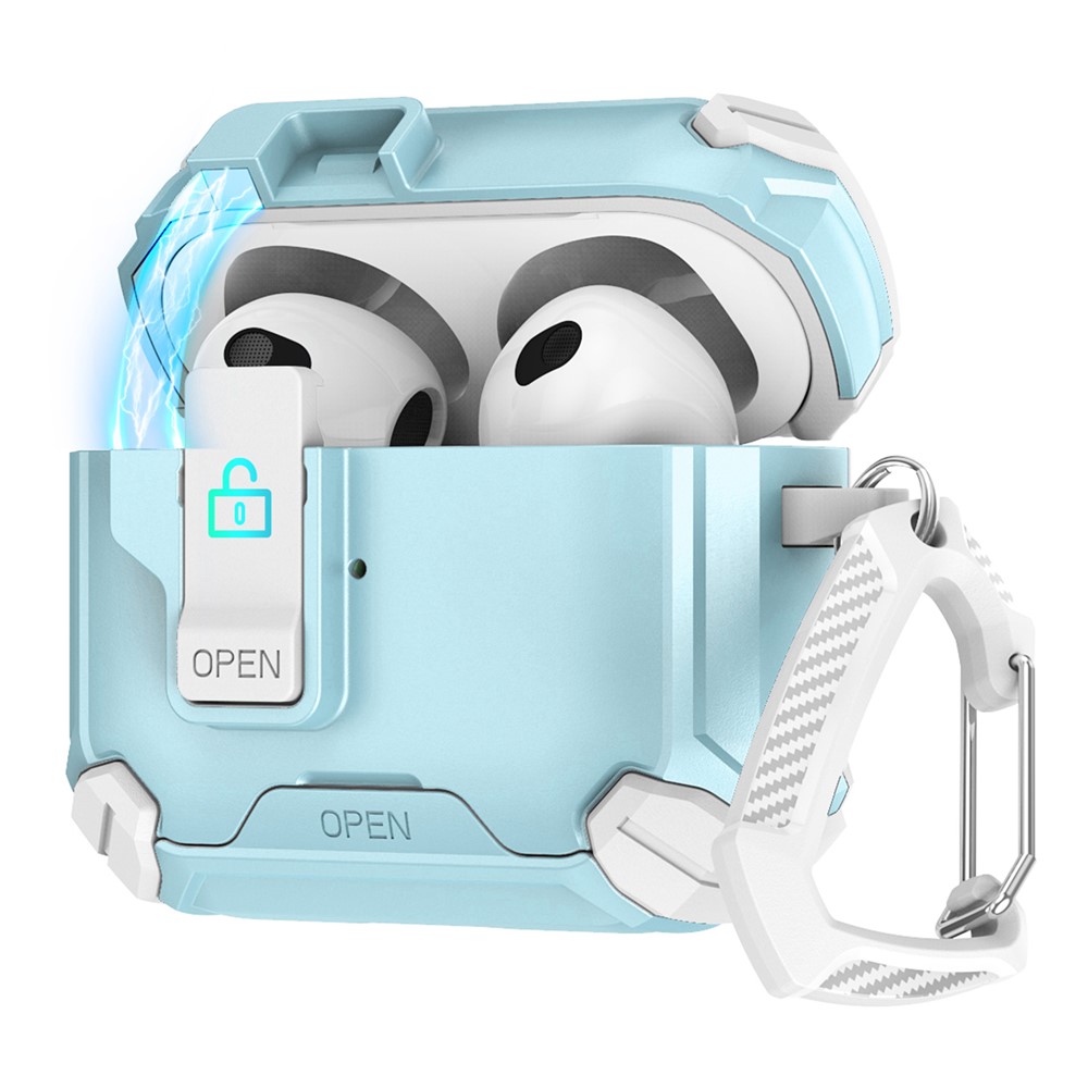 For Apple AirPods 3 Case TPU + PC Compatible with MagSafe Stand Earbuds Cover with Carabiner - White / Baby Blue