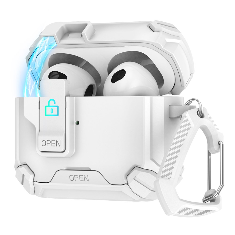 For Apple AirPods 3 Case TPU + PC Compatible with MagSafe Stand Earbuds Cover with Carabiner - White