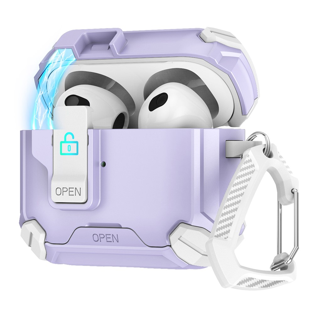 For Apple AirPods 3 Case TPU + PC Compatible with MagSafe Stand Earbuds Cover with Carabiner - White  /  Purple