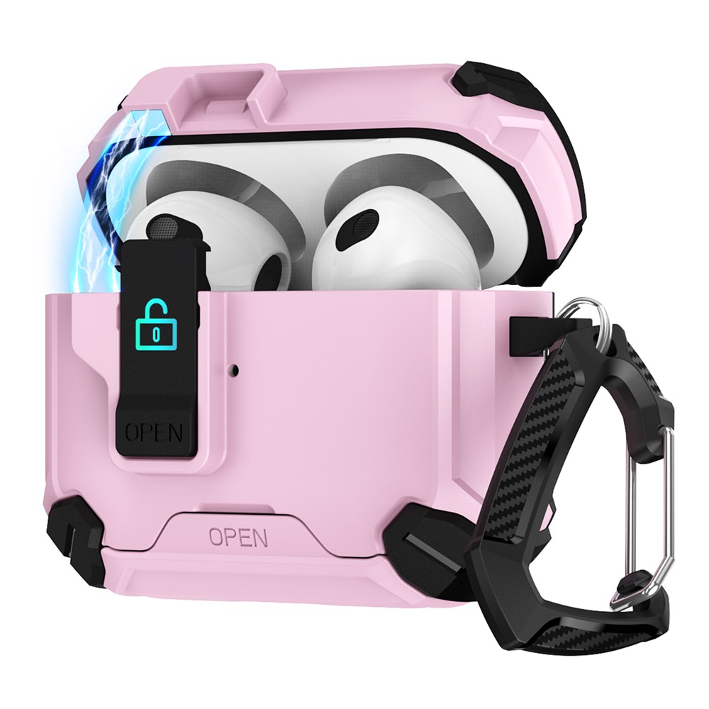 For Apple AirPods 3 Case TPU + PC Compatible with MagSafe Stand Earbuds Cover with Carabiner - Black / Pink