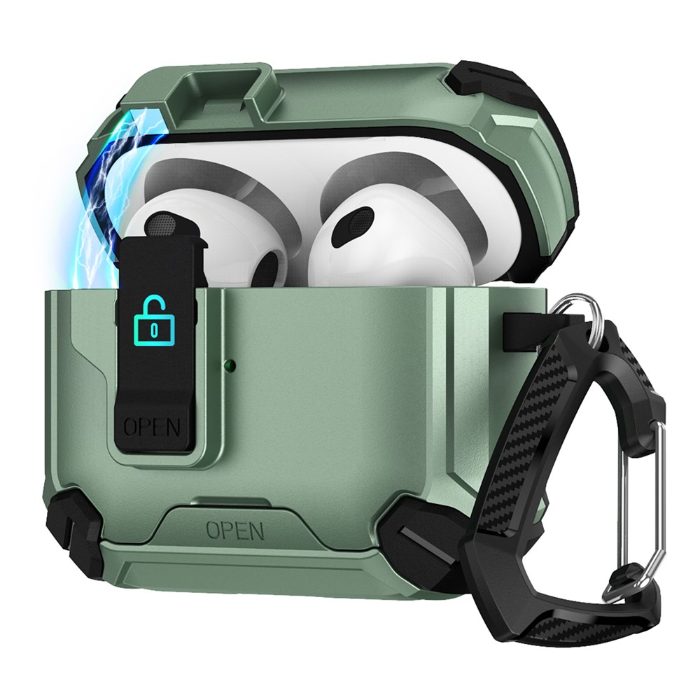 For Apple AirPods 3 Case TPU + PC Compatible with MagSafe Stand Earbuds Cover with Carabiner - Black / Green