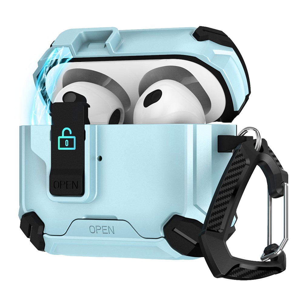 For Apple AirPods 3 Case TPU + PC Compatible with MagSafe Stand Earbuds Cover with Carabiner - Black  /  Baby Blue