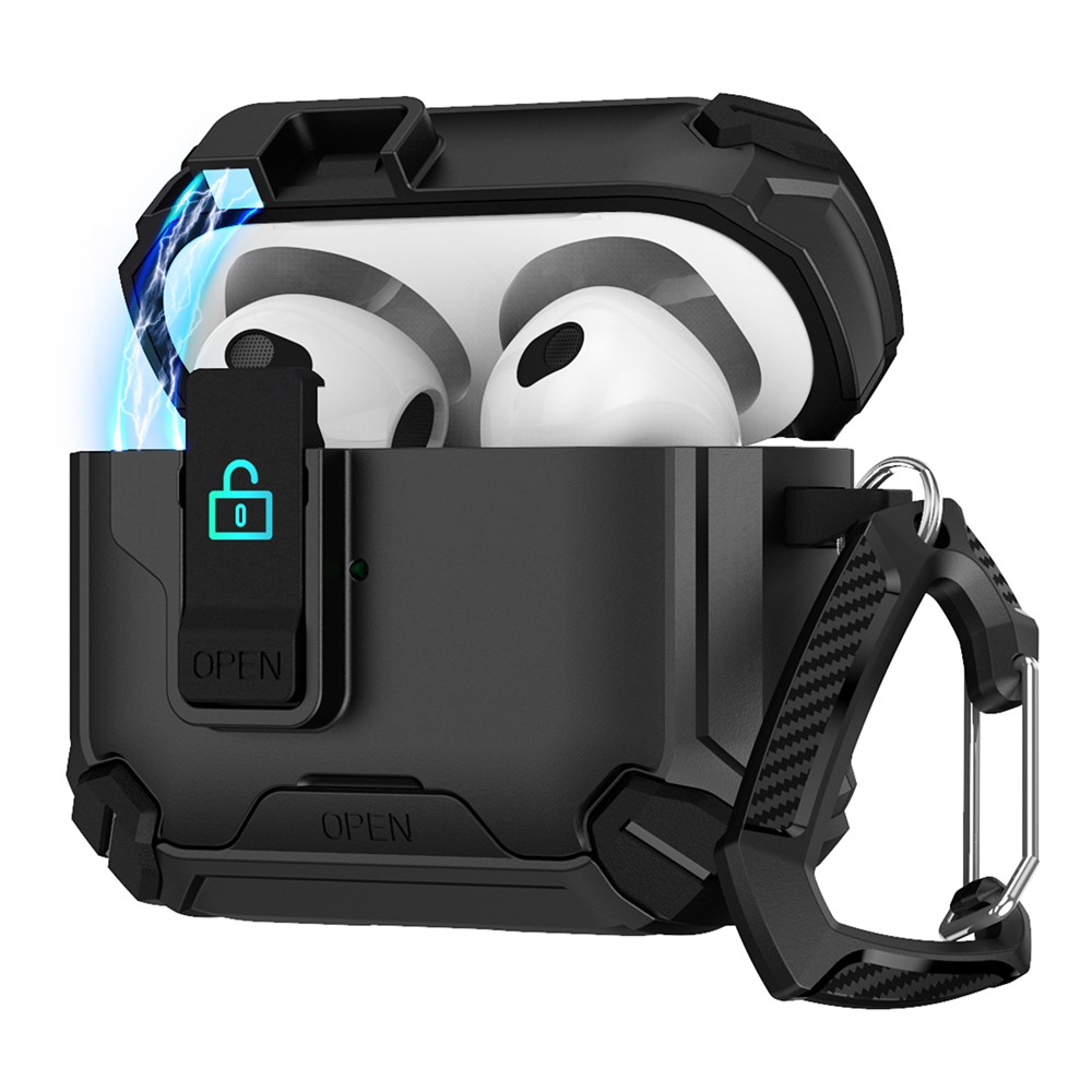 For Apple AirPods 3 Case TPU + PC Compatible with MagSafe Stand Earbuds Cover with Carabiner - Black
