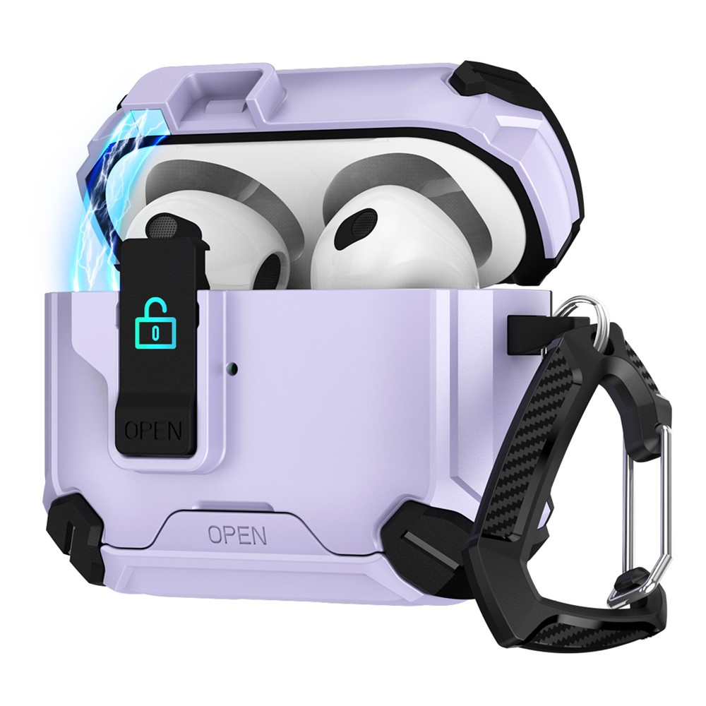 For Apple AirPods 3 Case TPU + PC Compatible with MagSafe Stand Earbuds Cover with Carabiner - Black / Purple